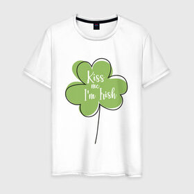 Мужская футболка хлопок с принтом День святого Патрика - Kiss me в Белгороде, 100% хлопок | прямой крой, круглый вырез горловины, длина до линии бедер, слегка спущенное плечо. | Тематика изображения на принте: kiss me i am irish | день святого патрика | зеленый | ирландия | клевер | листик | мультяшный | на английском | надпись | патрик | подарок | прикол | символ