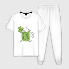 Мужская пижама хлопок с принтом День святого Патрика - Пиво в Белгороде, 100% хлопок | брюки и футболка прямого кроя, без карманов, на брюках мягкая резинка на поясе и по низу штанин
 | день святого патрика | зеленый | ирландия | клевер | кружка | листик | мультяшный | патрик | пена | пить | подарок | прикол | символ
