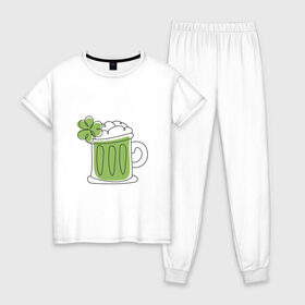 Женская пижама хлопок с принтом День святого Патрика - Пиво в Белгороде, 100% хлопок | брюки и футболка прямого кроя, без карманов, на брюках мягкая резинка на поясе и по низу штанин | день святого патрика | зеленый | ирландия | клевер | кружка | листик | мультяшный | патрик | пена | пить | подарок | прикол | символ