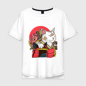 Мужская футболка хлопок Oversize с принтом Кот-самурай в Белгороде, 100% хлопок | свободный крой, круглый ворот, “спинка” длиннее передней части | art | cat | helmet | hieroglyphs | japan | katana | samurai | sword | арт | иероглифы | катана | кот | котик | меч | самурай | шлем | япония