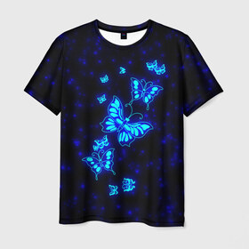 Мужская футболка 3D с принтом Неоновые бабочки в Белгороде, 100% полиэфир | прямой крой, круглый вырез горловины, длина до линии бедер | Тематика изображения на принте: butterfly | dream | fantasy | neon | space | stars | wings | бабочки | бабочки космос | блестящие | весна | вселенная | галактика | голубые бабочки | девочкам | девушкам | звезды | космические | космос | крыя | лето
