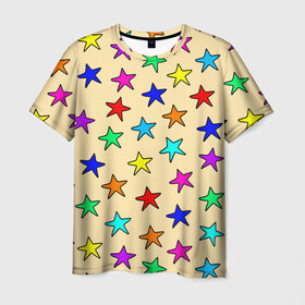 Мужская футболка 3D с принтом Детские звезды на песке в Белгороде, 100% полиэфир | прямой крой, круглый вырез горловины, длина до линии бедер | Тематика изображения на принте: baby | colorfull | disco | kids | stars | девочкам | детские рисунки | детям | диско | звездочки | звезды | конфетти | лето | малыш | ночные | орнамент | песок | пляж | праздник | радужные | разноцветный узор