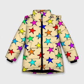 Зимняя куртка для девочек 3D с принтом Детские звезды на песке в Белгороде, ткань верха — 100% полиэстер; подклад — 100% полиэстер, утеплитель — 100% полиэстер. | длина ниже бедра, удлиненная спинка, воротник стойка и отстегивающийся капюшон. Есть боковые карманы с листочкой на кнопках, утяжки по низу изделия и внутренний карман на молнии. 

Предусмотрены светоотражающий принт на спинке, радужный светоотражающий элемент на пуллере молнии и на резинке для утяжки. | baby | colorfull | disco | kids | stars | девочкам | детские рисунки | детям | диско | звездочки | звезды | конфетти | лето | малыш | ночные | орнамент | песок | пляж | праздник | радужные | разноцветный узор
