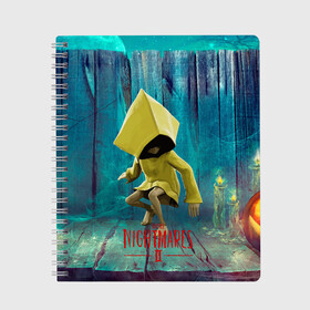 Тетрадь с принтом Little Nightmares 2 в Белгороде, 100% бумага | 48 листов, плотность листов — 60 г/м2, плотность картонной обложки — 250 г/м2. Листы скреплены сбоку удобной пружинной спиралью. Уголки страниц и обложки скругленные. Цвет линий — светло-серый
 | Тематика изображения на принте: little nightmares | страшилка | страшная игра | ужас | хоррор