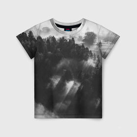 Детская футболка 3D с принтом Туман в лесу в Белгороде, 100% гипоаллергенный полиэфир | прямой крой, круглый вырез горловины, длина до линии бедер, чуть спущенное плечо, ткань немного тянется | tegunvteg | деревья | лес | листья | природа | темный лес | туман