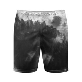 Мужские шорты спортивные с принтом Туман в лесу в Белгороде,  |  | tegunvteg | деревья | лес | листья | природа | темный лес | туман
