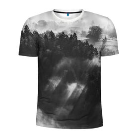Мужская футболка 3D спортивная с принтом Туман в лесу в Белгороде, 100% полиэстер с улучшенными характеристиками | приталенный силуэт, круглая горловина, широкие плечи, сужается к линии бедра | tegunvteg | деревья | лес | листья | природа | темный лес | туман