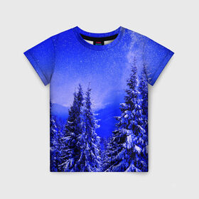 Детская футболка 3D с принтом Зимний лес в Белгороде, 100% гипоаллергенный полиэфир | прямой крой, круглый вырез горловины, длина до линии бедер, чуть спущенное плечо, ткань немного тянется | tegunvteg | деревья | зима | зимний лес | лес | листья | мороз | природа | снег | темный лес