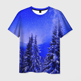 Мужская футболка 3D с принтом Зимний лес в Белгороде, 100% полиэфир | прямой крой, круглый вырез горловины, длина до линии бедер | Тематика изображения на принте: tegunvteg | деревья | зима | зимний лес | лес | листья | мороз | природа | снег | темный лес