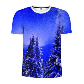 Мужская футболка 3D спортивная с принтом Зимний лес в Белгороде, 100% полиэстер с улучшенными характеристиками | приталенный силуэт, круглая горловина, широкие плечи, сужается к линии бедра | tegunvteg | деревья | зима | зимний лес | лес | листья | мороз | природа | снег | темный лес