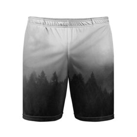Мужские шорты спортивные с принтом Туманный лес в Белгороде,  |  | tegunvteg | деревья | лес | листья | природа | темный лес | туман | туманный лес