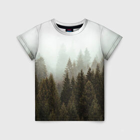 Детская футболка 3D с принтом Деревья в Белгороде, 100% гипоаллергенный полиэфир | прямой крой, круглый вырез горловины, длина до линии бедер, чуть спущенное плечо, ткань немного тянется | tegunvteg | деревья | лес | листья | природа | темный лес | туман