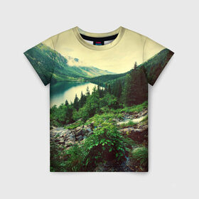 Детская футболка 3D с принтом Красивый лес в Белгороде, 100% гипоаллергенный полиэфир | прямой крой, круглый вырез горловины, длина до линии бедер, чуть спущенное плечо, ткань немного тянется | tegunvteg | горы | деревья | красивый лес | лес | листья | природа | река | темный лес