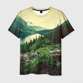 Мужская футболка 3D с принтом Красивый лес в Белгороде, 100% полиэфир | прямой крой, круглый вырез горловины, длина до линии бедер | tegunvteg | горы | деревья | красивый лес | лес | листья | природа | река | темный лес