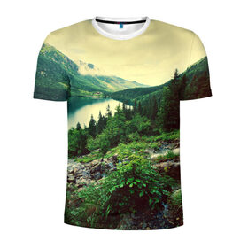 Мужская футболка 3D спортивная с принтом Красивый лес в Белгороде, 100% полиэстер с улучшенными характеристиками | приталенный силуэт, круглая горловина, широкие плечи, сужается к линии бедра | Тематика изображения на принте: tegunvteg | горы | деревья | красивый лес | лес | листья | природа | река | темный лес