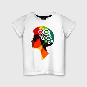 Детская футболка хлопок с принтом шестеренки в женской голове в Белгороде, 100% хлопок | круглый вырез горловины, полуприлегающий силуэт, длина до линии бедер | арт | весна | восьмерка | голова | девушка | женский день | женщина | идеи | креатив | праздник | рисунок | руководитель | силуэт | ум | цветы | шестеренки