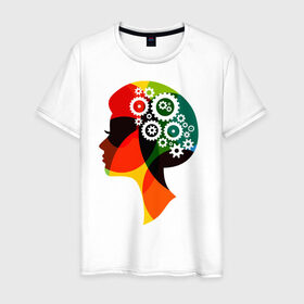 Мужская футболка хлопок с принтом шестеренки в женской голове в Белгороде, 100% хлопок | прямой крой, круглый вырез горловины, длина до линии бедер, слегка спущенное плечо. | арт | весна | восьмерка | голова | девушка | женский день | женщина | идеи | креатив | праздник | рисунок | руководитель | силуэт | ум | цветы | шестеренки