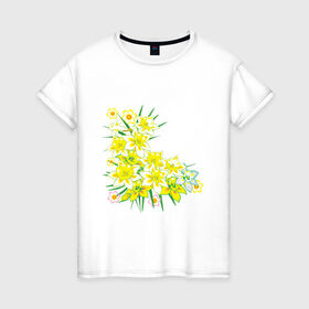 Женская футболка хлопок с принтом Желтые нарциссы в Белгороде, 100% хлопок | прямой крой, круглый вырез горловины, длина до линии бедер, слегка спущенное плечо | букет | весна | восьмерка | женский день | нарцисс | нарциссы | праздник | рисунок | уголок | цветы
