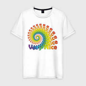Мужская футболка хлопок с принтом Very Nice Rainbow Радуга в Белгороде, 100% хлопок | прямой крой, круглый вырез горловины, длина до линии бедер, слегка спущенное плечо. | Тематика изображения на принте: красивая | красивый текст | очень | очень прекрасный | позитив | прикольная картинка | прикольный текст | радуга | спираль | улитка
