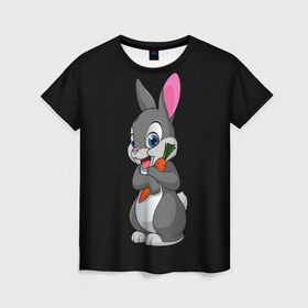 Женская футболка 3D с принтом ЗАЙКА в Белгороде, 100% полиэфир ( синтетическое хлопкоподобное полотно) | прямой крой, круглый вырез горловины, длина до линии бедер | bunny | cartoon | hare | rabbit | белый | зайчик | заяц | кролик | морковка | мультик | серый
