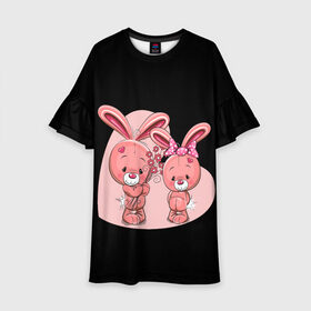 Детское платье 3D с принтом ЗАЙЧИКИ в Белгороде, 100% полиэстер | прямой силуэт, чуть расширенный к низу. Круглая горловина, на рукавах — воланы | Тематика изображения на принте: bunny | cartoon | hare | rabbit | зайка | заяц | кролик | мультик | розовый | цветы