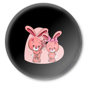 Значок с принтом ЗАЙЧИКИ в Белгороде,  металл | круглая форма, металлическая застежка в виде булавки | bunny | cartoon | hare | rabbit | зайка | заяц | кролик | мультик | розовый | цветы