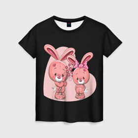 Женская футболка 3D с принтом ЗАЙЧИКИ в Белгороде, 100% полиэфир ( синтетическое хлопкоподобное полотно) | прямой крой, круглый вырез горловины, длина до линии бедер | bunny | cartoon | hare | rabbit | зайка | заяц | кролик | мультик | розовый | цветы