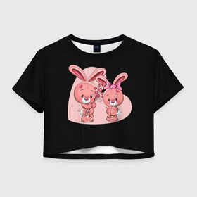 Женская футболка Crop-top 3D с принтом ЗАЙЧИКИ в Белгороде, 100% полиэстер | круглая горловина, длина футболки до линии талии, рукава с отворотами | bunny | cartoon | hare | rabbit | зайка | заяц | кролик | мультик | розовый | цветы