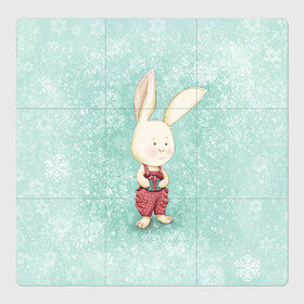 Магнитный плакат 3Х3 с принтом Зайчик с подарком в Белгороде, Полимерный материал с магнитным слоем | 9 деталей размером 9*9 см | Тематика изображения на принте: зайчик | зима | красный | малыш | новый год | подарок | ребенок | снежинка