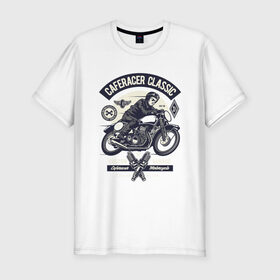 Мужская футболка хлопок Slim с принтом кафе гонщик классический в Белгороде, 92% хлопок, 8% лайкра | приталенный силуэт, круглый вырез ворота, длина до линии бедра, короткий рукав | motorcycle | racer | гонщик | мотоцикл
