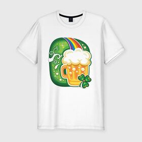 Мужская футболка хлопок Slim с принтом Традиционное питье на Патрика в Белгороде, 92% хлопок, 8% лайкра | приталенный силуэт, круглый вырез ворота, длина до линии бедра, короткий рукав | 17 марта | день святого патрика | зеленый | ирландия | клевер | кружка | монеты | радуга | традиции | эль