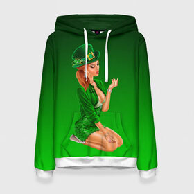 Женская толстовка 3D с принтом девушка лепрекон в зеленом в Белгороде, 100% полиэстер  | двухслойный капюшон со шнурком для регулировки, мягкие манжеты на рукавах и по низу толстовки, спереди карман-кенгуру с мягким внутренним слоем. | 17 марта | девушка | день святого патрика | зеленый | зеленый костюм | ирландия | клевер | кружка | лепрекон | модель | монеты | рисунок | традиции | эль