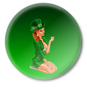 Значок с принтом девушка лепрекон в зеленом в Белгороде,  металл | круглая форма, металлическая застежка в виде булавки | 17 марта | девушка | день святого патрика | зеленый | зеленый костюм | ирландия | клевер | кружка | лепрекон | модель | монеты | рисунок | традиции | эль