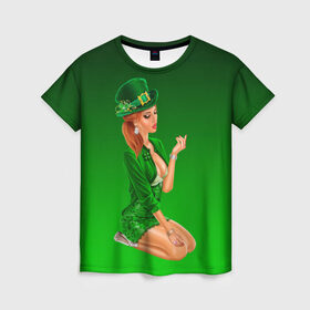 Женская футболка 3D с принтом девушка лепрекон в зеленом в Белгороде, 100% полиэфир ( синтетическое хлопкоподобное полотно) | прямой крой, круглый вырез горловины, длина до линии бедер | 17 марта | девушка | день святого патрика | зеленый | зеленый костюм | ирландия | клевер | кружка | лепрекон | модель | монеты | рисунок | традиции | эль