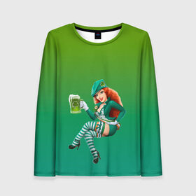 Женский лонгслив 3D с принтом девушка вечеринка на Патрика в Белгороде, 100% полиэстер | длинные рукава, круглый вырез горловины, полуприлегающий силуэт | 17 марта | вечеринка | девушка | день святого патрика | зеленый | зеленый костюм | ирландия | клевер | костюм | кружка | лепрекон | модель | монеты | рисунок | традиции | эль