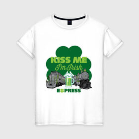 Женская футболка хлопок с принтом поцелуй меня я ирландец в Белгороде, 100% хлопок | прямой крой, круглый вырез горловины, длина до линии бедер, слегка спущенное плечо | 17 марта | быстро | день святого патрика | зеленый | ирландия | клевер | кружка | поезд | поцелуй | традиции | шутка | экспресс | эль | я ирландец