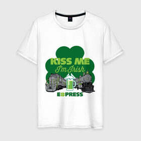 Мужская футболка хлопок с принтом поцелуй меня я ирландец в Белгороде, 100% хлопок | прямой крой, круглый вырез горловины, длина до линии бедер, слегка спущенное плечо. | Тематика изображения на принте: 17 марта | быстро | день святого патрика | зеленый | ирландия | клевер | кружка | поезд | поцелуй | традиции | шутка | экспресс | эль | я ирландец