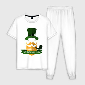 Мужская пижама хлопок с принтом настоящий ирландец в Белгороде, 100% хлопок | брюки и футболка прямого кроя, без карманов, на брюках мягкая резинка на поясе и по низу штанин
 | 17 марта | день святого патрика | зеленый | ирландия | клевер | надпись | пожелние | традиции | трубка | цилиндр | шляпа