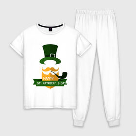 Женская пижама хлопок с принтом настоящий ирландец в Белгороде, 100% хлопок | брюки и футболка прямого кроя, без карманов, на брюках мягкая резинка на поясе и по низу штанин | 17 марта | день святого патрика | зеленый | ирландия | клевер | надпись | пожелние | традиции | трубка | цилиндр | шляпа