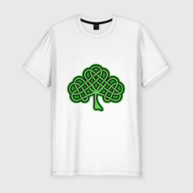 Мужская футболка хлопок Slim с принтом кельтский клевер в Белгороде, 92% хлопок, 8% лайкра | приталенный силуэт, круглый вырез ворота, длина до линии бедра, короткий рукав | 17 марта | день святого патрика | дерево | зеленый | ирландия | кельтский узор | клевер | рисунок | традиции | трехлистник