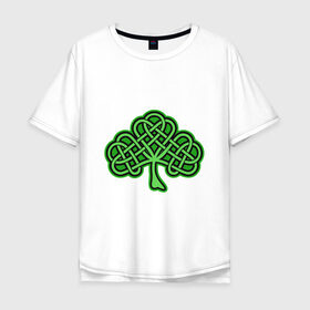Мужская футболка хлопок Oversize с принтом кельтский клевер в Белгороде, 100% хлопок | свободный крой, круглый ворот, “спинка” длиннее передней части | Тематика изображения на принте: 17 марта | день святого патрика | дерево | зеленый | ирландия | кельтский узор | клевер | рисунок | традиции | трехлистник