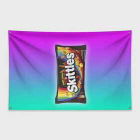 Флаг-баннер с принтом Skittles | Черный в Белгороде, 100% полиэстер | размер 67 х 109 см, плотность ткани — 95 г/м2; по краям флага есть четыре люверса для крепления | Тематика изображения на принте: black | skittles | sweet heat | градиент | зеленый | радуга | розовый | синий | скитлс | черный