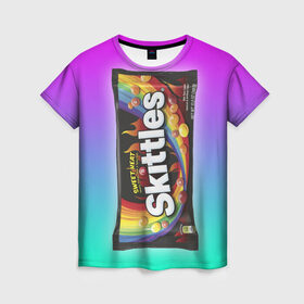 Женская футболка 3D с принтом Skittles | Черный в Белгороде, 100% полиэфир ( синтетическое хлопкоподобное полотно) | прямой крой, круглый вырез горловины, длина до линии бедер | black | skittles | sweet heat | градиент | зеленый | радуга | розовый | синий | скитлс | черный