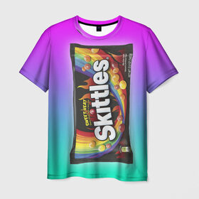 Мужская футболка 3D с принтом Skittles | Черный в Белгороде, 100% полиэфир | прямой крой, круглый вырез горловины, длина до линии бедер | Тематика изображения на принте: black | skittles | sweet heat | градиент | зеленый | радуга | розовый | синий | скитлс | черный