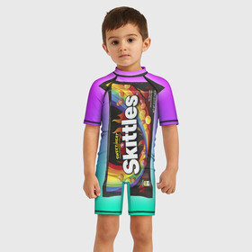 Детский купальный костюм 3D с принтом Skittles | Черный в Белгороде, Полиэстер 85%, Спандекс 15% | застежка на молнии на спине | Тематика изображения на принте: black | skittles | sweet heat | градиент | зеленый | радуга | розовый | синий | скитлс | черный