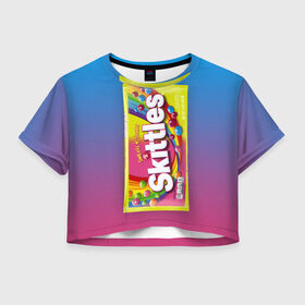 Женская футболка Crop-top 3D с принтом Skittles | Желтый в Белгороде, 100% полиэстер | круглая горловина, длина футболки до линии талии, рукава с отворотами | skittles | sweet sours | yellow | градиент | желтый | красный | радуга | розовый | синий | скитлс | фиолетовый