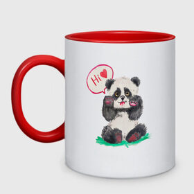 Кружка двухцветная с принтом Акварельная милая панда в Белгороде, керамика | объем — 330 мл, диаметр — 80 мм. Цветная ручка и кайма сверху, в некоторых цветах — вся внутренняя часть | hi | акварель | любовь | мило | няшно | панда | привет