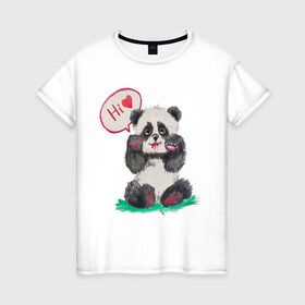 Женская футболка хлопок с принтом Акварельная милая панда в Белгороде, 100% хлопок | прямой крой, круглый вырез горловины, длина до линии бедер, слегка спущенное плечо | hi | акварель | любовь | мило | няшно | панда | привет