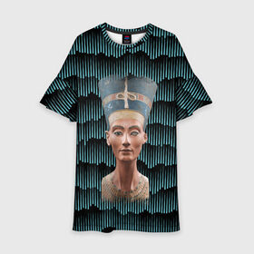 Детское платье 3D с принтом Нефертити в Белгороде, 100% полиэстер | прямой силуэт, чуть расширенный к низу. Круглая горловина, на рукавах — воланы | Тематика изображения на принте: африка | божества | волны | геометрия | египет | маска | нефертити | фараон | царица