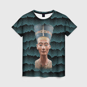 Женская футболка 3D с принтом Нефертити в Белгороде, 100% полиэфир ( синтетическое хлопкоподобное полотно) | прямой крой, круглый вырез горловины, длина до линии бедер | африка | божества | волны | геометрия | египет | маска | нефертити | фараон | царица
